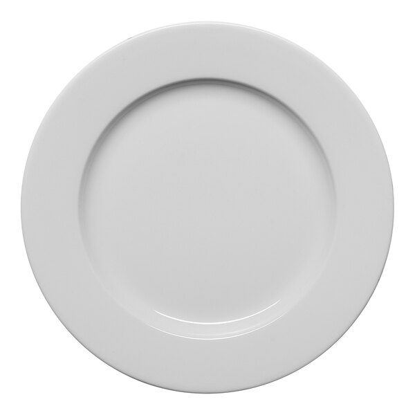 A round, wide-rimmed, warm white porcelain plate.