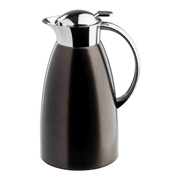 A black stainless steel coffee carafe with a chrome handle and lid.