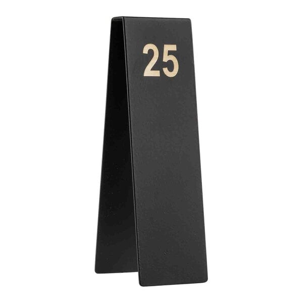 A black stainless steel table tent with the number 25 in silver.