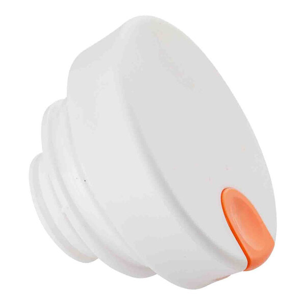 A white plastic lid with an orange thumb press designed for a 17 oz. coffee carafe.