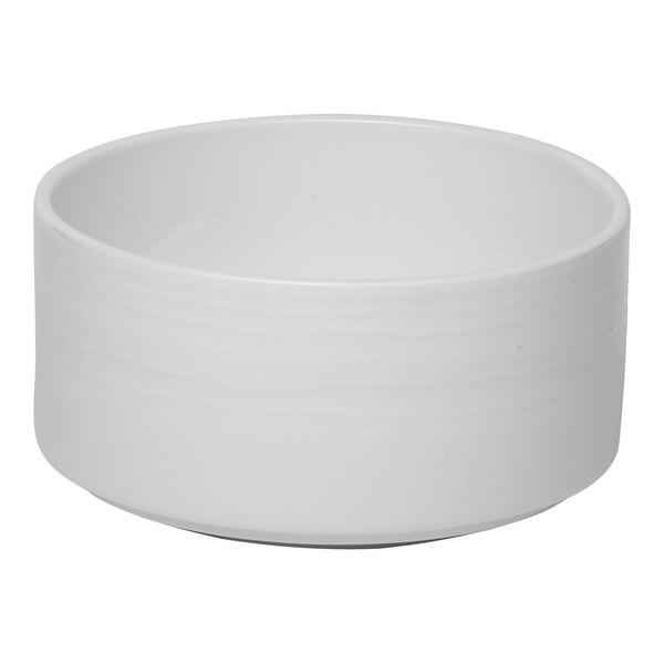 A white embossed porcelain soup bowl with a simple, round design.