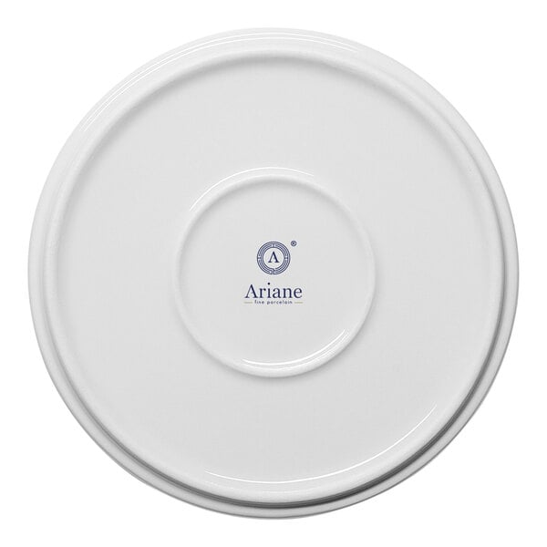 A white embossed porcelain soup bowl viewed from the bottom, featuring the Ariane brand logo at the center.
