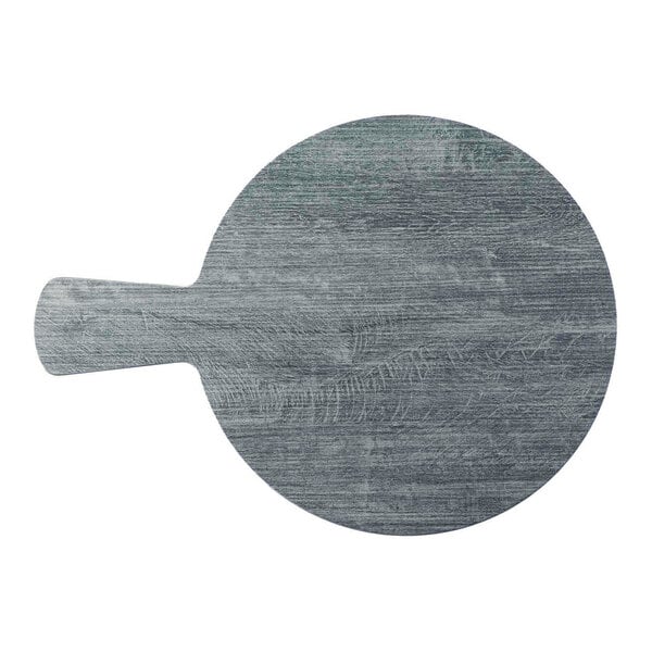 A round gray faux wood melamine serving board with a handle.
