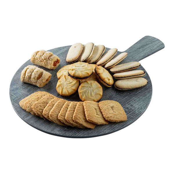 A round gray faux wood melamine serving board with a handle, displayed with assorted cookies and pastries.