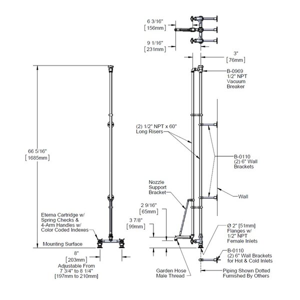 A diagram of a pipe system with wall brackets and a faucet with 4 arm handles.