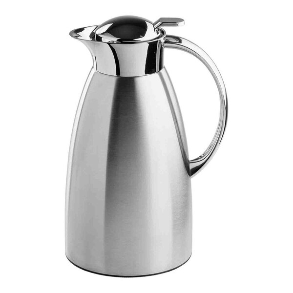 A stainless steel coffee carafe with a handle and spout.
