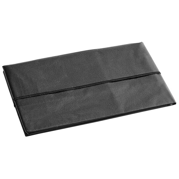 A black solid vinyl table cover with a flannel back, measuring 52 by 52 inches.