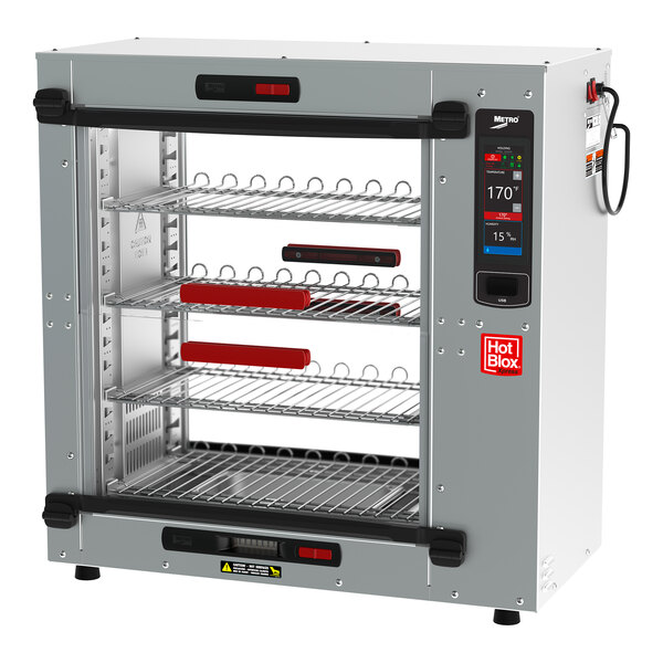 A large silver Metro HotBlox Xpress Countertop heated holding cabinet with shelves.