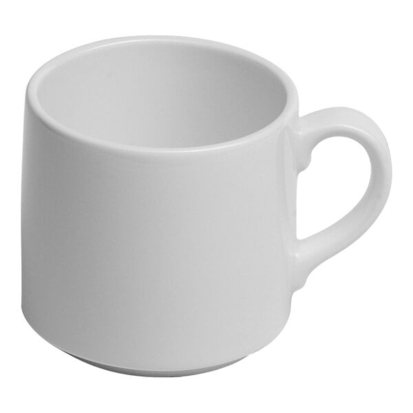 A plain white stackable porcelain mug with a handle.