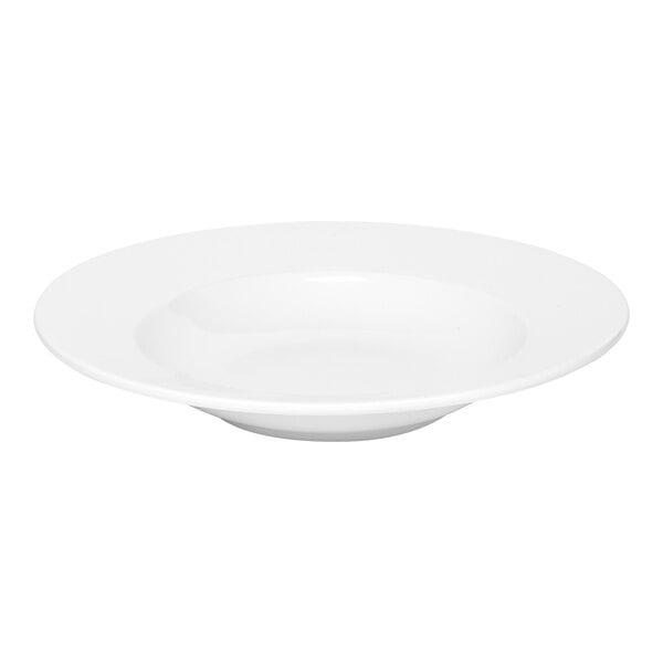 A white round wide rim deep porcelain plate.