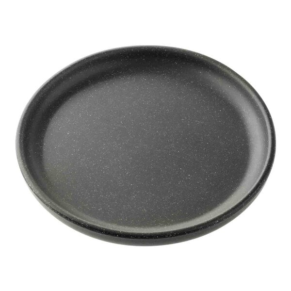 A round, speckled gray melamine plate from the Tablecraft Terra Collection.