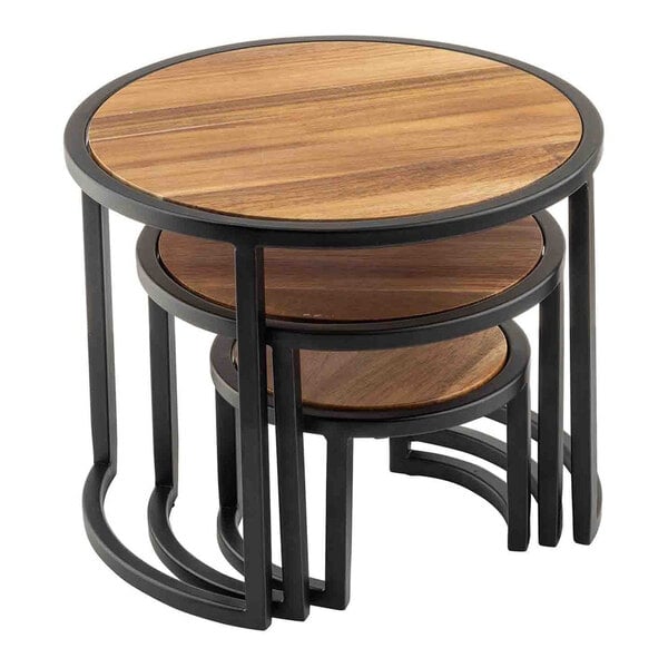 A three-piece set of round risers made of acacia wood tops and black steel frames, nested together.