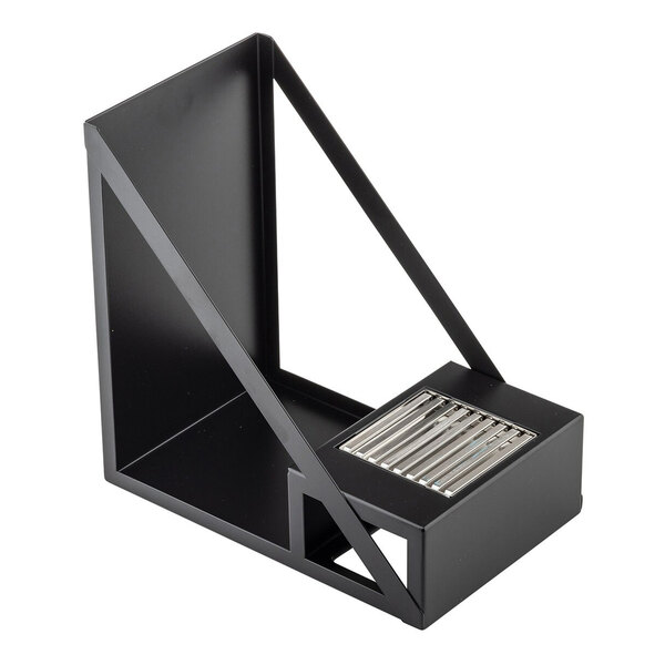 A black powder-coated stainless steel airpot rack with one compartment and a drip tray.