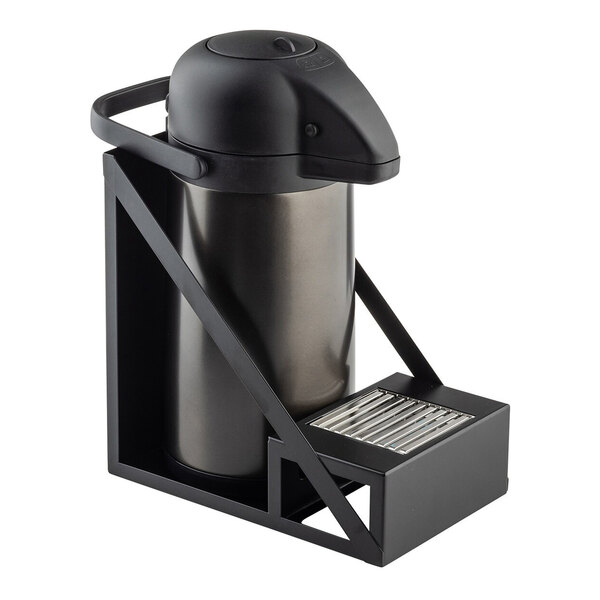 A black powder-coated stainless steel airpot rack with a drip tray and one compartment.