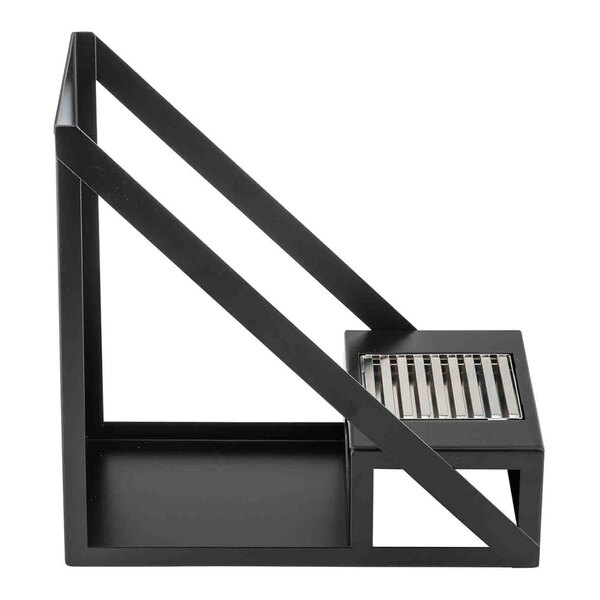 A black powder-coated stainless steel airpot rack with one compartment and a drip tray.