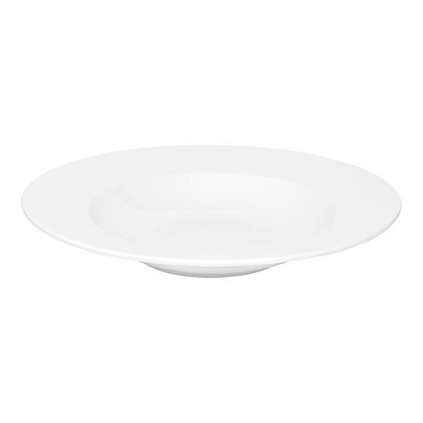 A round, wide-rim, deep white porcelain plate.