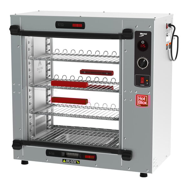A large silver Metro HotBlox Xpress Quick-Pick countertop heated holding cabinet with a door and shelves.
