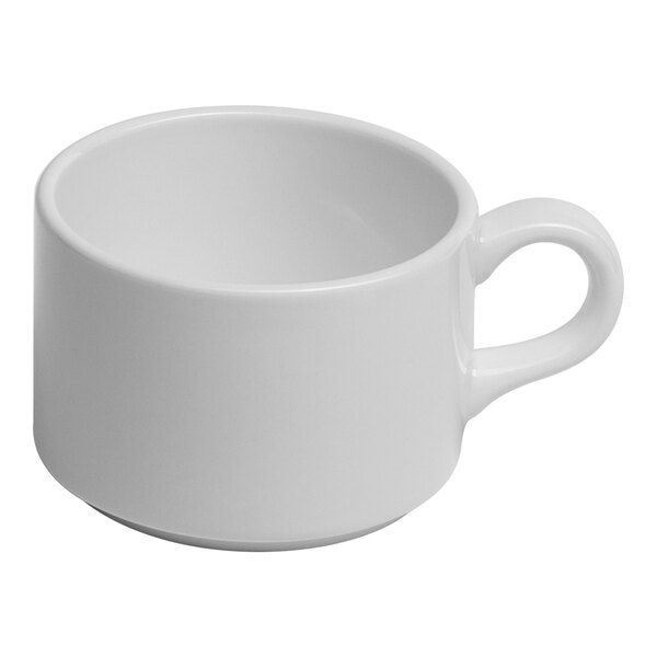 A plain white porcelain tea cup with a handle.