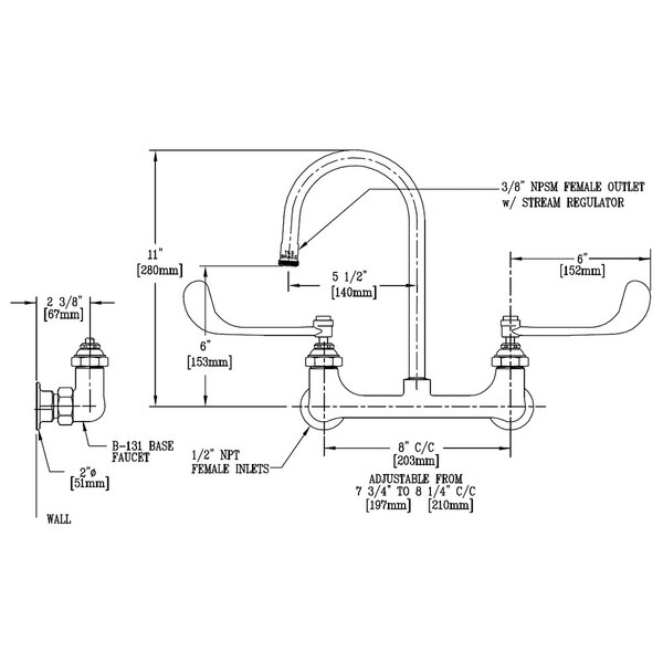 A diagram of a T&S wall mounted faucet with wrist action handles.