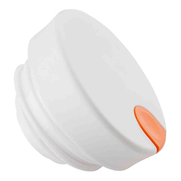 A white plastic lid with an orange thumb press designed for a 50 oz. coffee carafe.