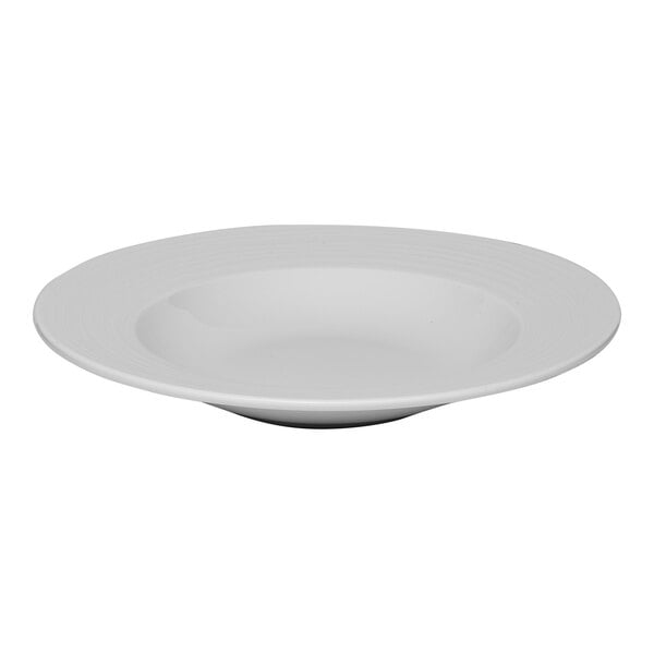 A white round porcelain plate with a wide rim and deep center.