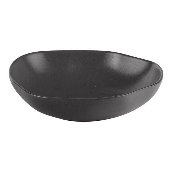 A charcoal grey porcelain bowl with curved dots on a white background.