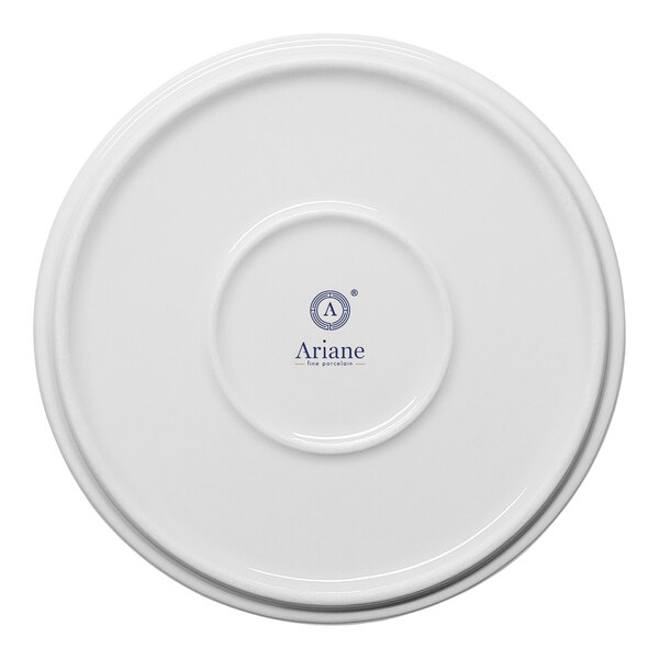 A round, warm white porcelain salad bowl with a stackable design, shown from the bottom with the Ariane brand logo.