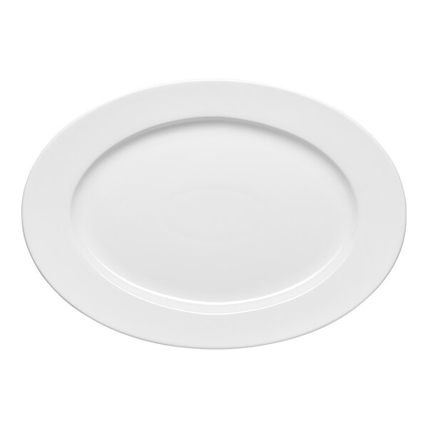 An oval wide rim porcelain platter in warm white.