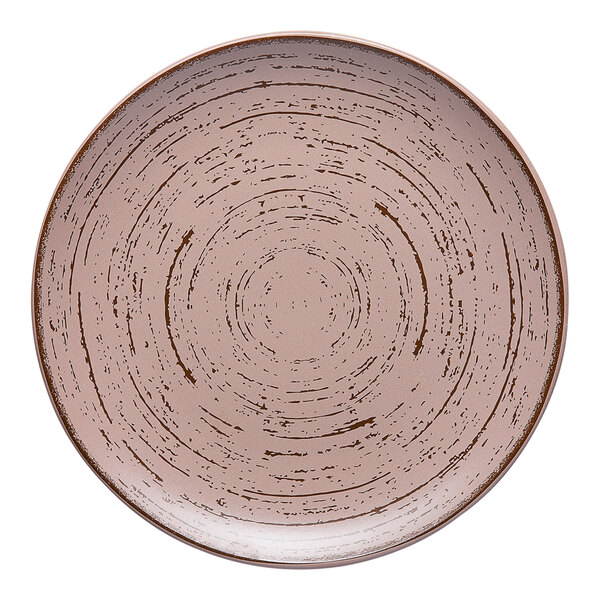 An Ariane round rimless porcelain plate with a brown and white spiral pattern.