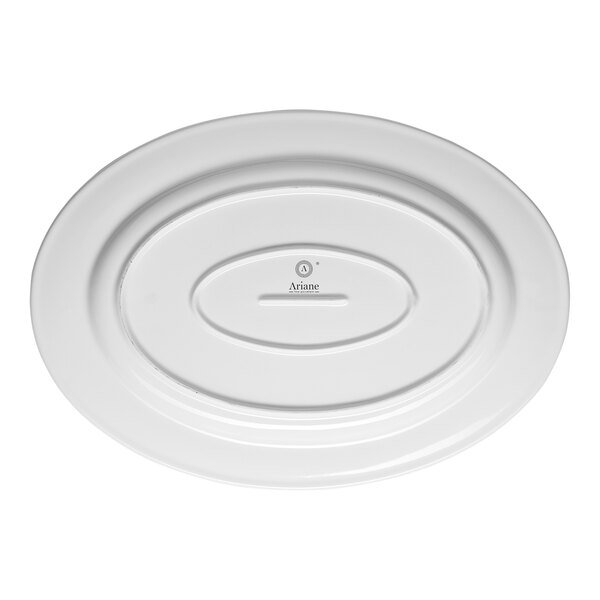 A white oval porcelain platter with a wide rim.
