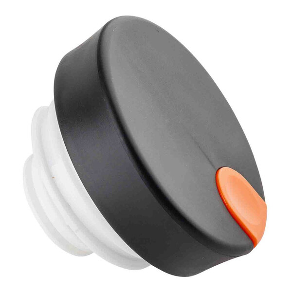A black plastic lid with an orange thumb press designed for a 50 oz. coffee carafe.
