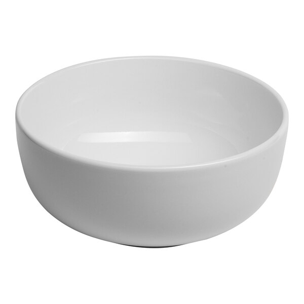 A plain, round, white porcelain bowl.