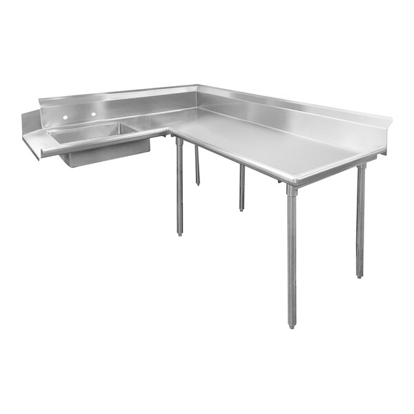 A stainless steel L-shape dishtable with a counter top and a drain.