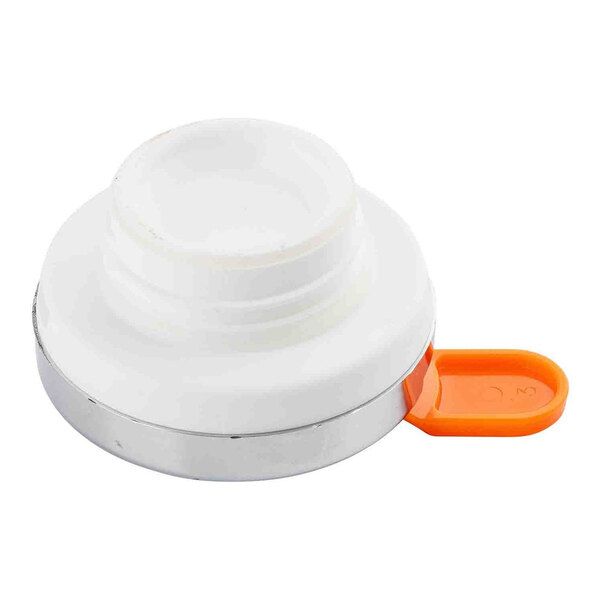 A chrome-plated plastic lid with an orange thumb press designed for a stainless steel coffee carafe.