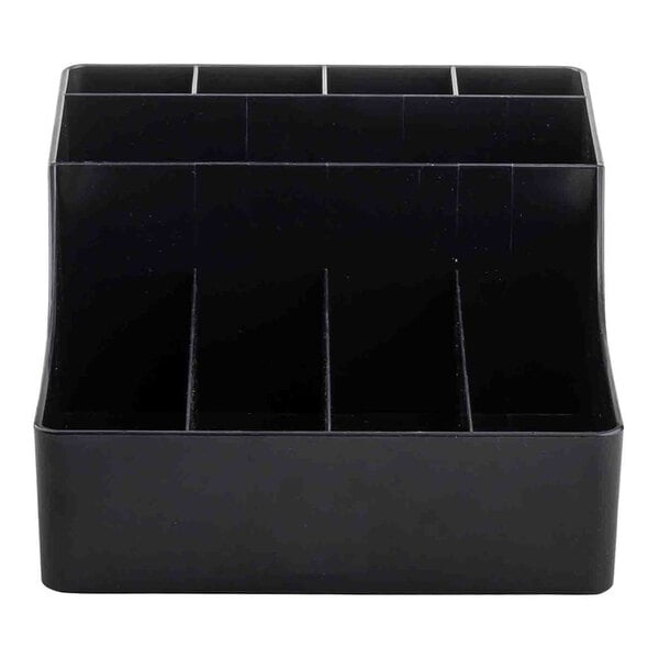 A black plastic coffee condiment organizer with nine compartments.
