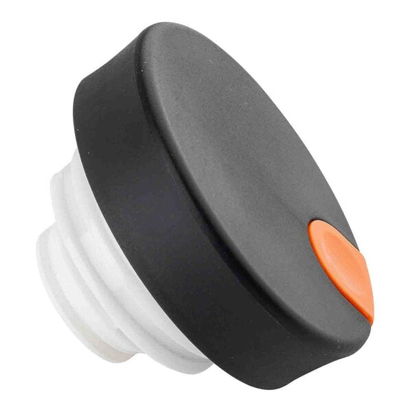 A black plastic lid with an orange thumb press designed for a 17 oz. coffee carafe.