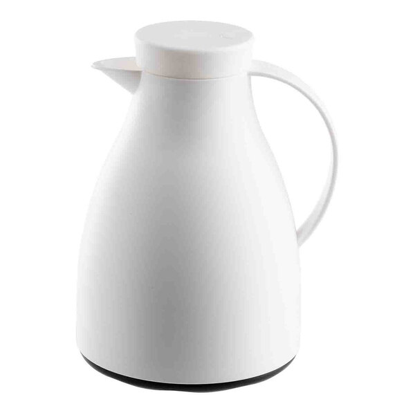 A white plastic coffee carafe with a handle and spout.