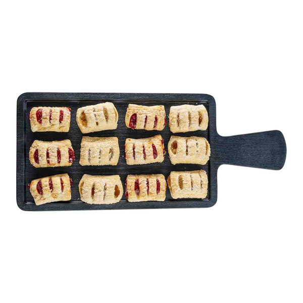 A rectangular black faux wood melamine serving tray with a handle, displayed with pastries on top.