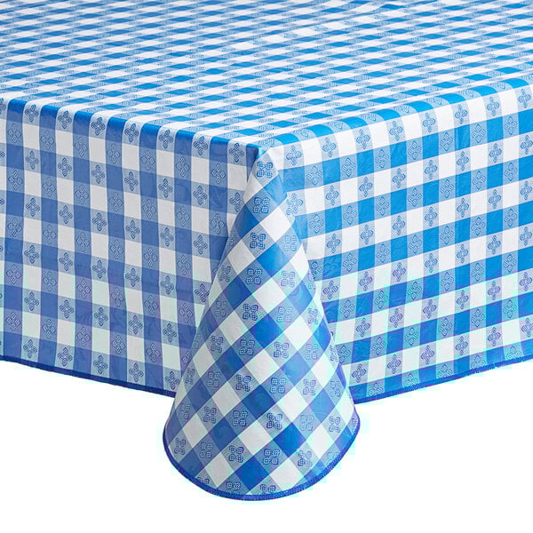 A square royal blue and white gingham vinyl table cover with a flannel back.