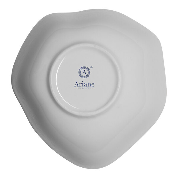 A warm white porcelain bowl with "Ariane" in blue text.