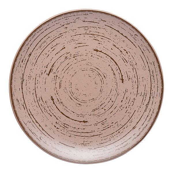 An Ariane round rimless porcelain plate in brown with a circular design.