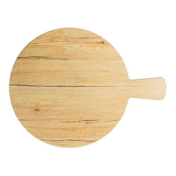 A round faux wood melamine serving board with a handle.