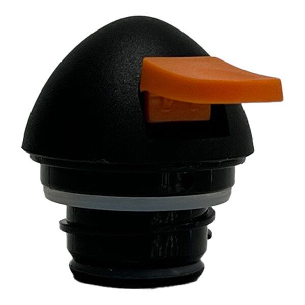A black ABS plastic lid with an orange thumb press designed for decaf coffee carafes.