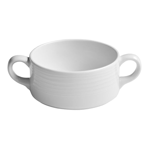 A white porcelain soup bowl with two handles and an embossed design.