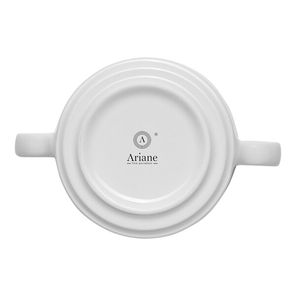 A white porcelain soup bowl with two handles, viewed from the bottom, featuring the Ariane brand logo.