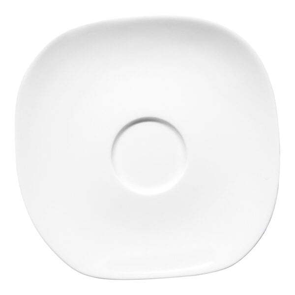 A white porcelain saucer with a circular center.