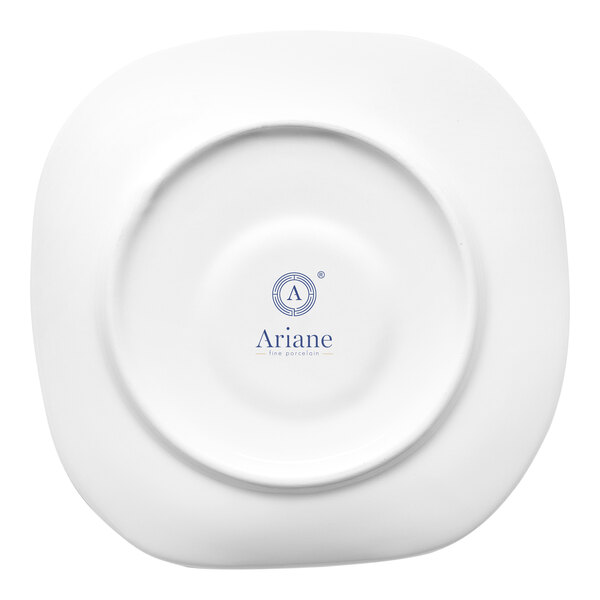 A white porcelain Ariane Earth saucer with blue text.