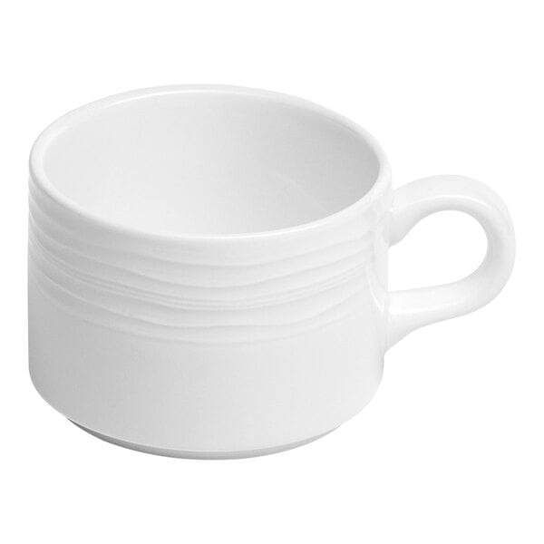 A white stackable embossed porcelain coffee cup with a handle.