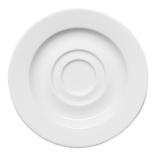 A round, white porcelain espresso cup saucer with a wide rim.