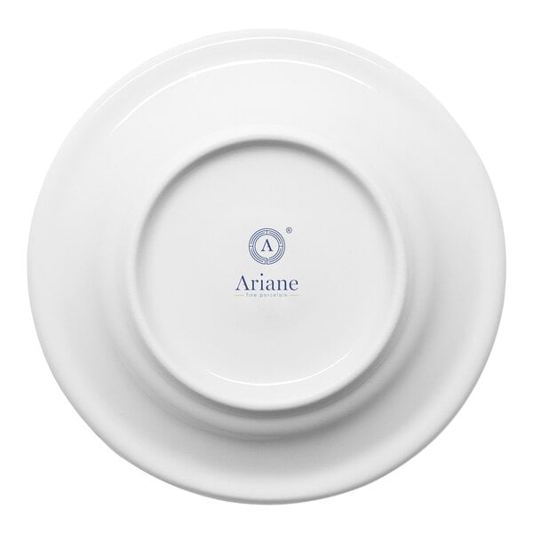 A white round porcelain espresso cup saucer with a wide rim, shown from the bottom with the Ariane brand logo.